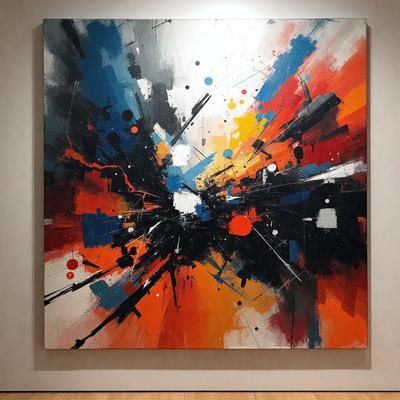 The primary subject of the image is a large, colorful painting on a wall. The painting features a mix of colors and abstract shapes, creating a vibrant and dynamic visual experience. The setting is a room with a white wall, which serves as the perfect backdrop for the painting. The visual style of the painting is a combination of digital art and illustration, giving it a unique and contemporary appearance. The dominant colors in the painting are orange, blue, and red, which contribute to the painting's lively and energetic